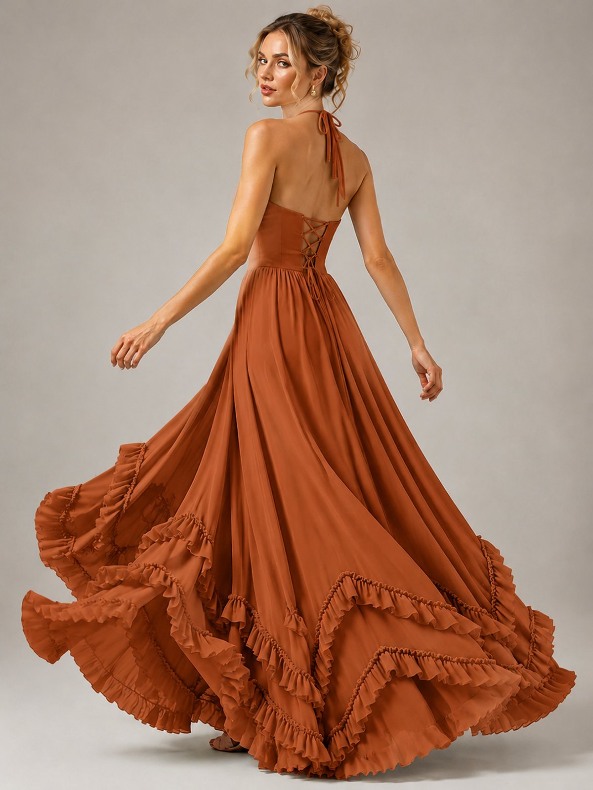Halter V Neck Chiffon Formal Dress with Lace-Up Back and Ruffle Hem
