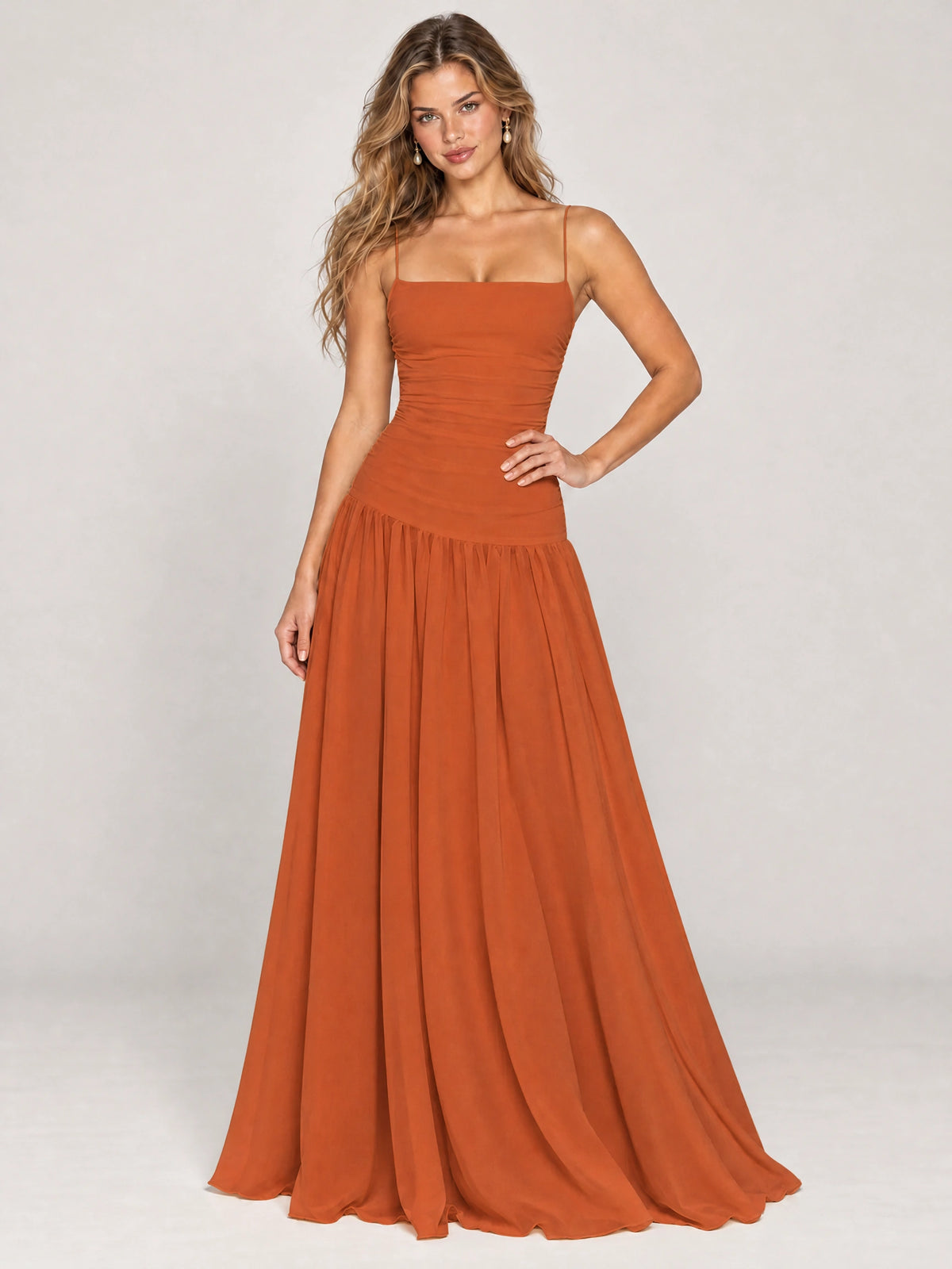 Butter Yellow Ruched Spaghetti Strap Drop-Waist Prom Dress
