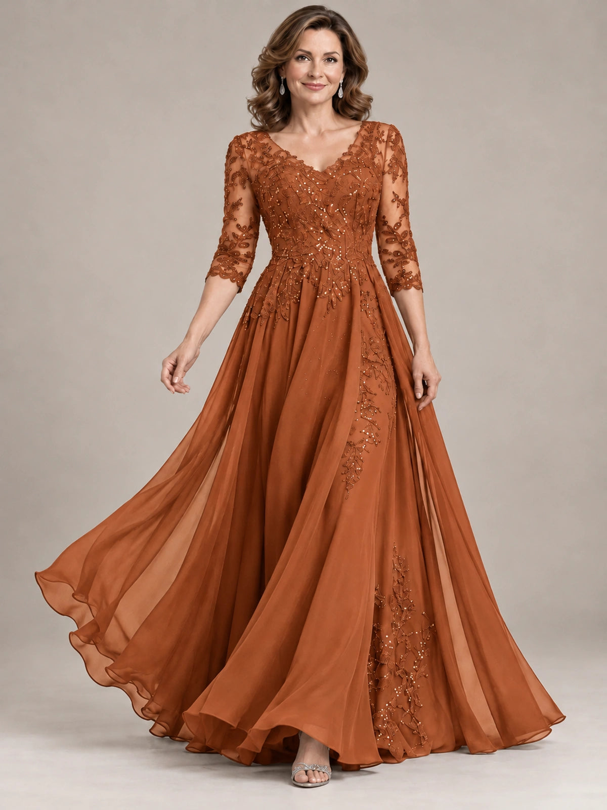 Sequin Lace A-Line Mother of the Bride Dress with 3/4 Sleeves