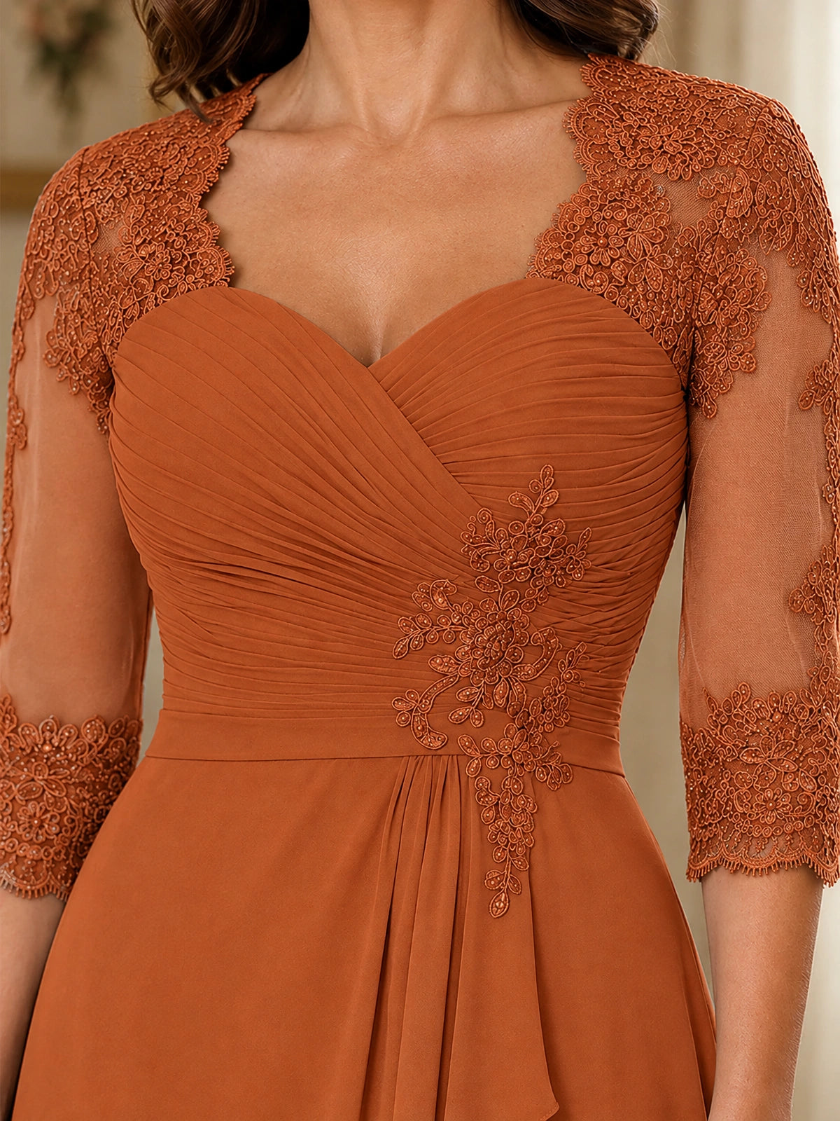 Chiffon Lace Applique Mother of the Bride Dress with 3/4 Sleeves