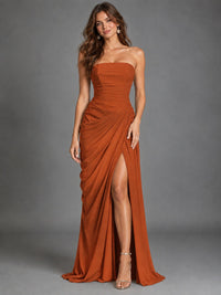Strapless Bodycon Pleated Chiffon Formal Dress with Slit