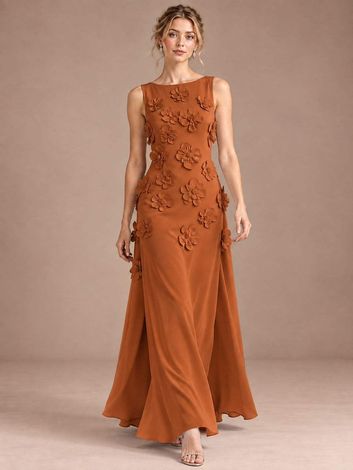3D Floral Applique Sleeveless Formal Maxi Dress