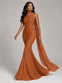 Pleated Chiffon Lace Prom Dresses Long Bodycon Mermaid with Scarf