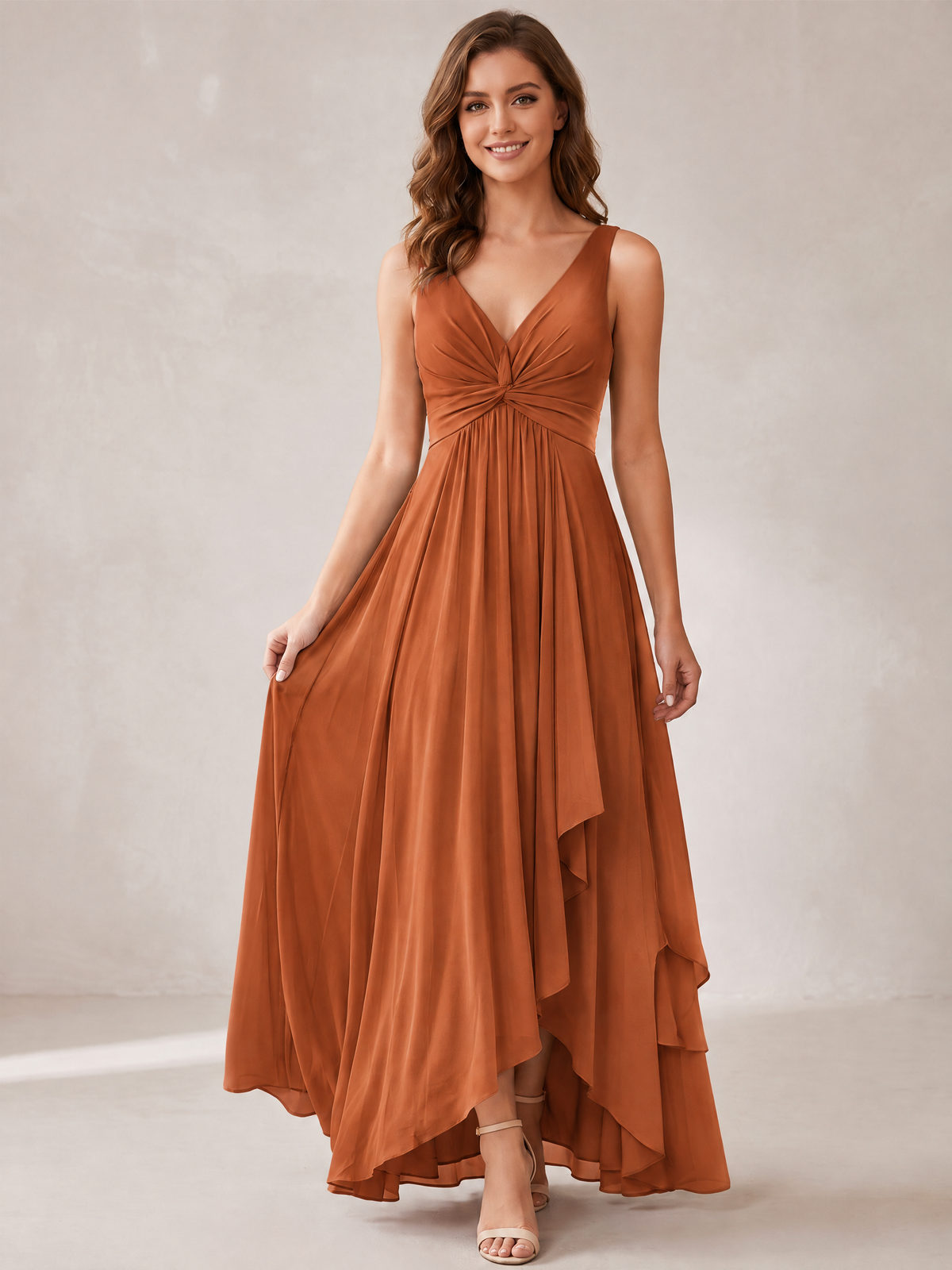 V-Neck High-Low Chiffon Bridesmaid Dress with Ruffles