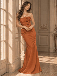 White Strapless Mermaid Maxi Dress with 3D Floral Appliques