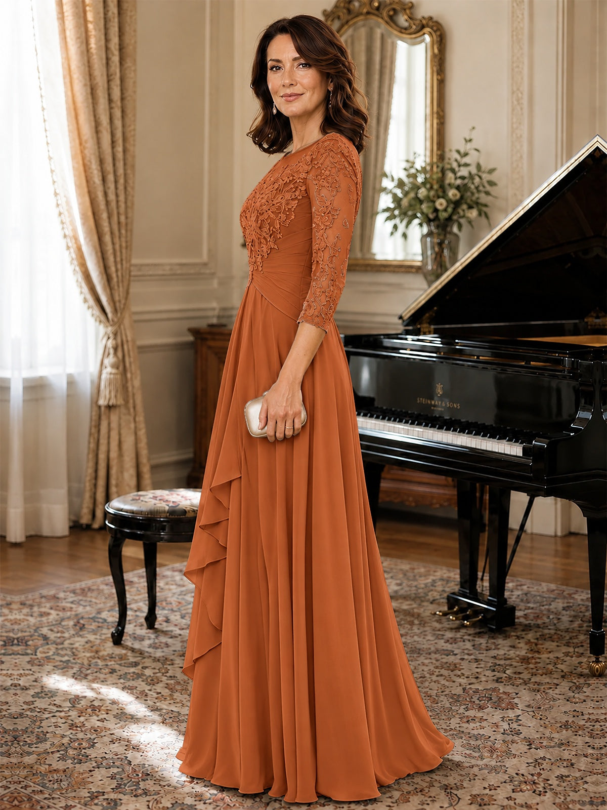 A-Line Chiffon Mother of the Bride Dress with Floral Applique 3/4 Sleeves