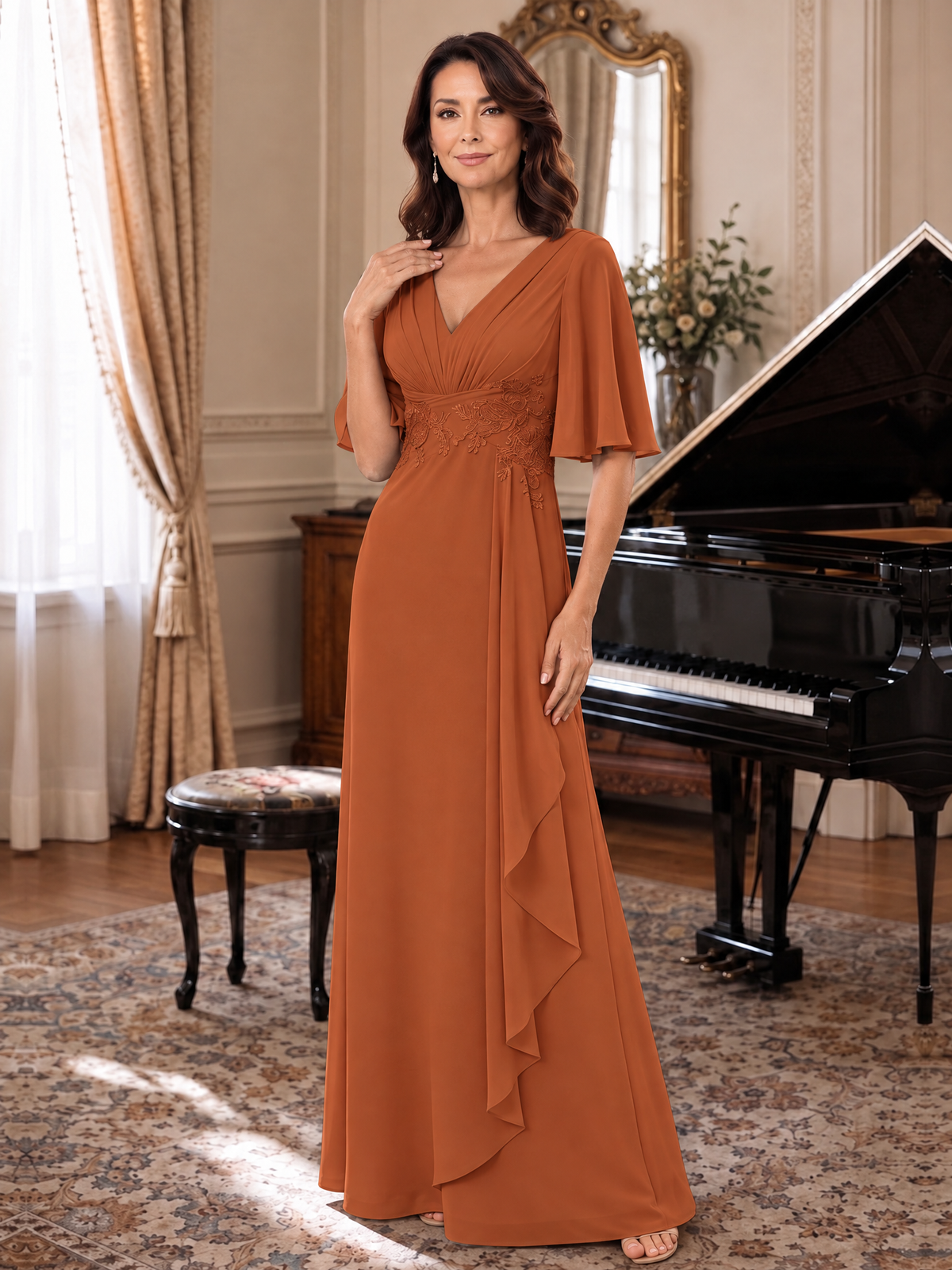 V-Neck Chiffon Lace Mother of the Bride Dresses