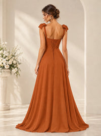 Ruffle Slit Chiffon A Line Scoop Neck Bridesmaid Dresses with Pockets