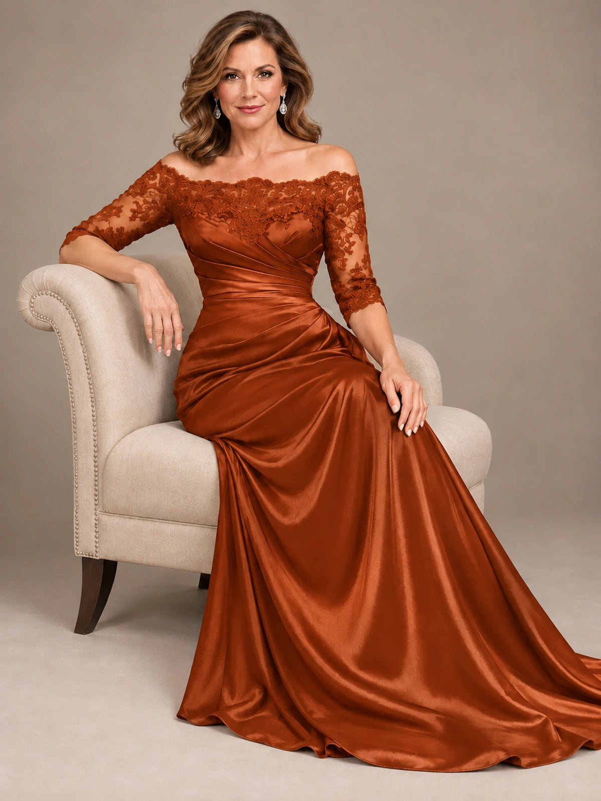 Satin Mother of the Bride Dress with Lace Sleeves Off Shoulder Formal Gown