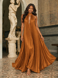 Rust Orange Pleated Halter Neck Maxi Dress