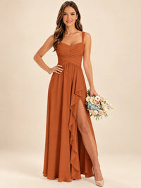 Spaghetti Straps Pleated Chiffon Bridesmaid Dress with Ruffle Slit