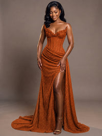 Luxury Strapless Sequin Corset Mermaid Prom Dress with High Slit & Train