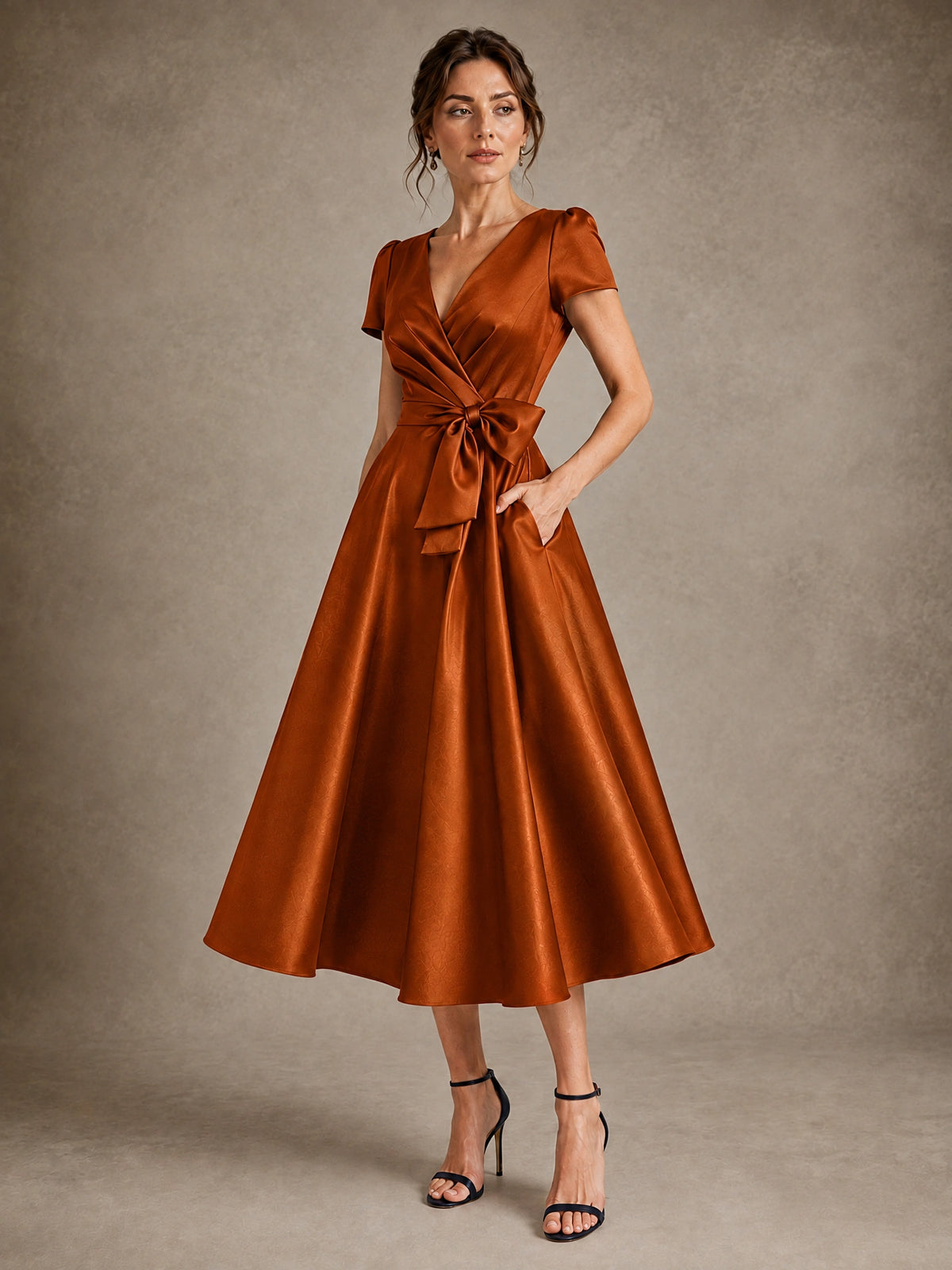 V-Neck Tea-Length Satin Mother of the Bride Dress with Bow