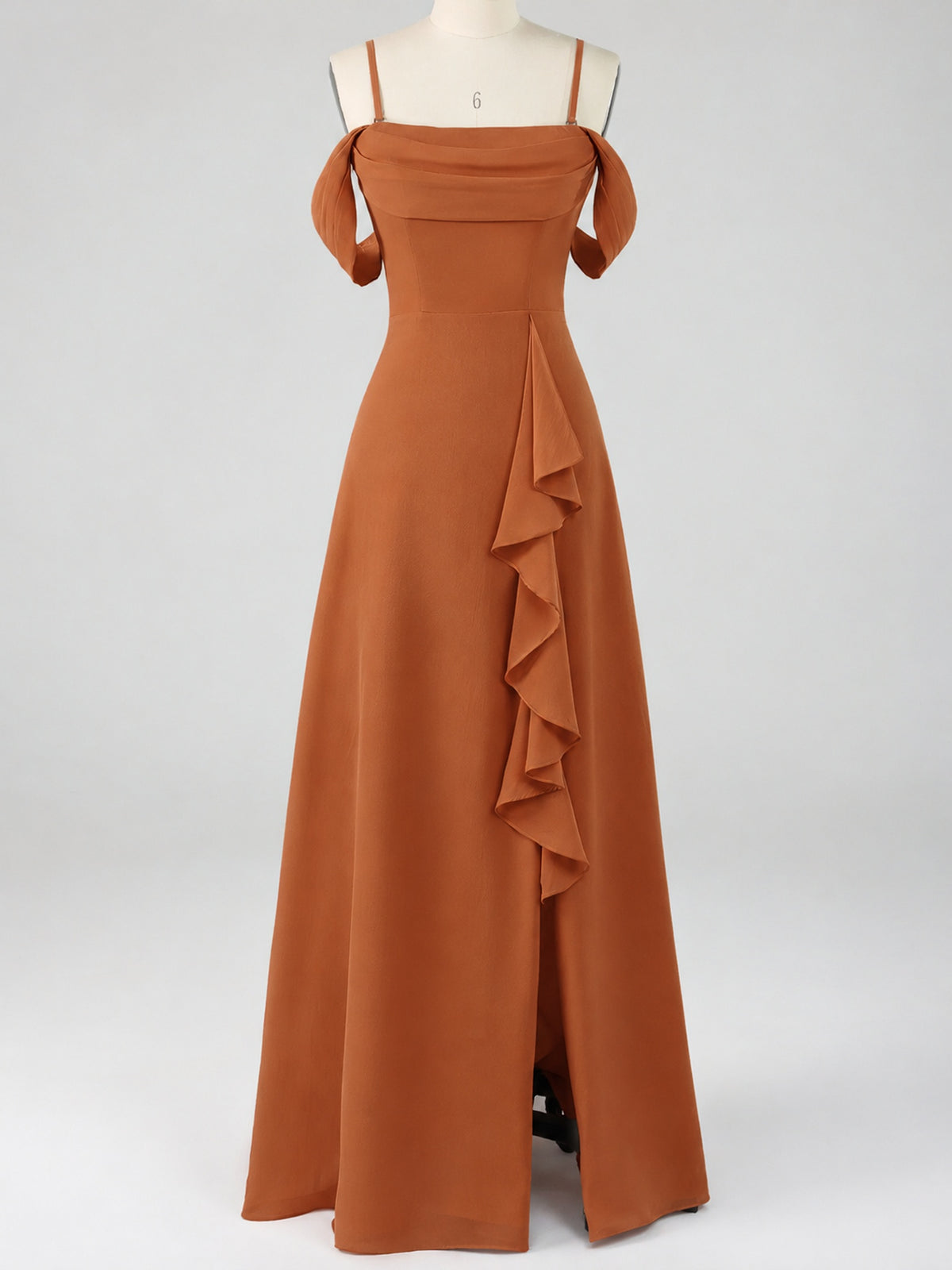 Spaghetti Strap Chiffon Bridesmaid Dress with Ruffles Slit