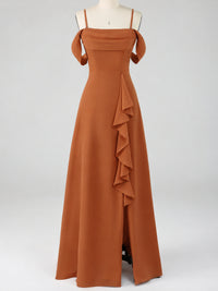 Spaghetti Strap Chiffon Bridesmaid Dress with Ruffles Slit