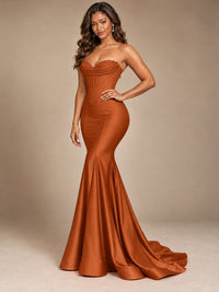 Red Strapless Satin Mermaid Prom Dress with Corset Bodice
