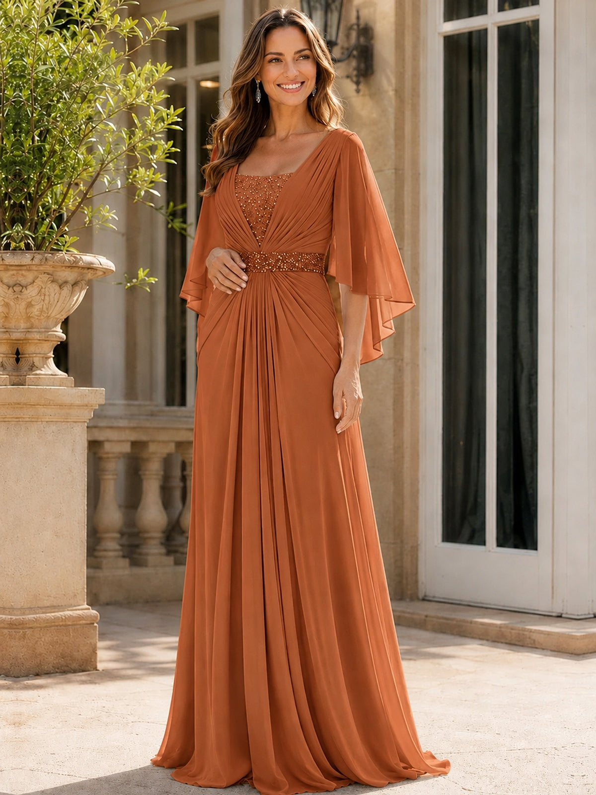 Elegant V-Neck Sequined Chiffon Mother of the Bride Dress with Flutter Sleeves