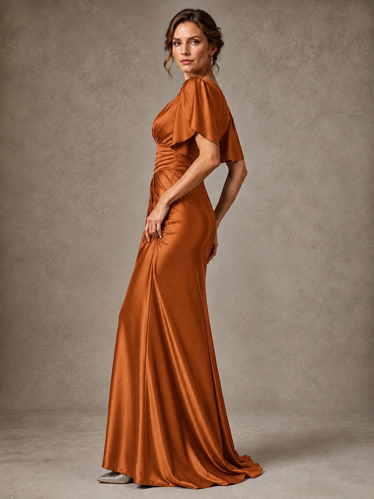 V-Neck Satin Mother of the Bride Dress with Flutter Sleeves
