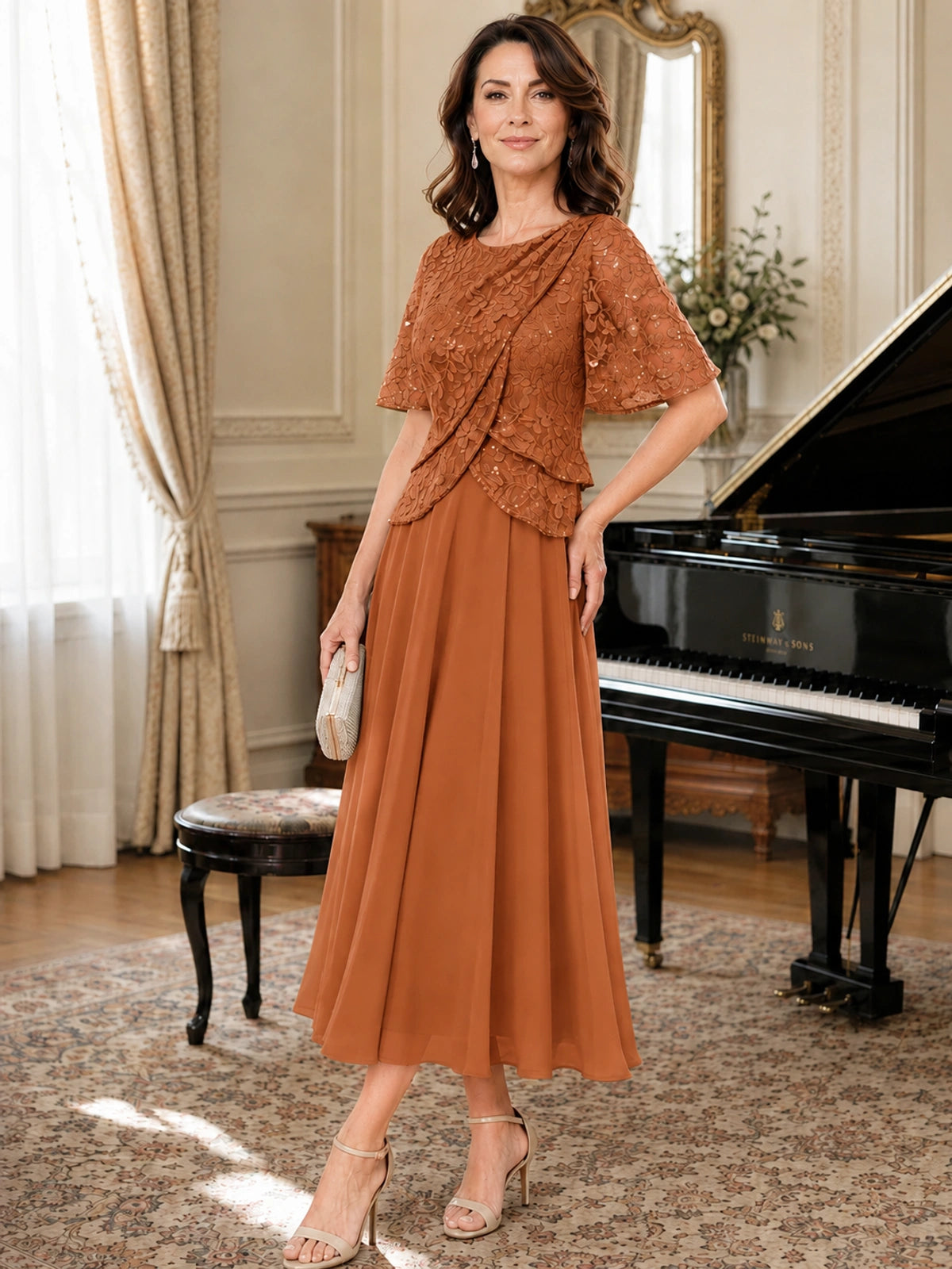 Tea-Length Chiffon Mother of the Bride Dress with Sequin Lace Sleeves