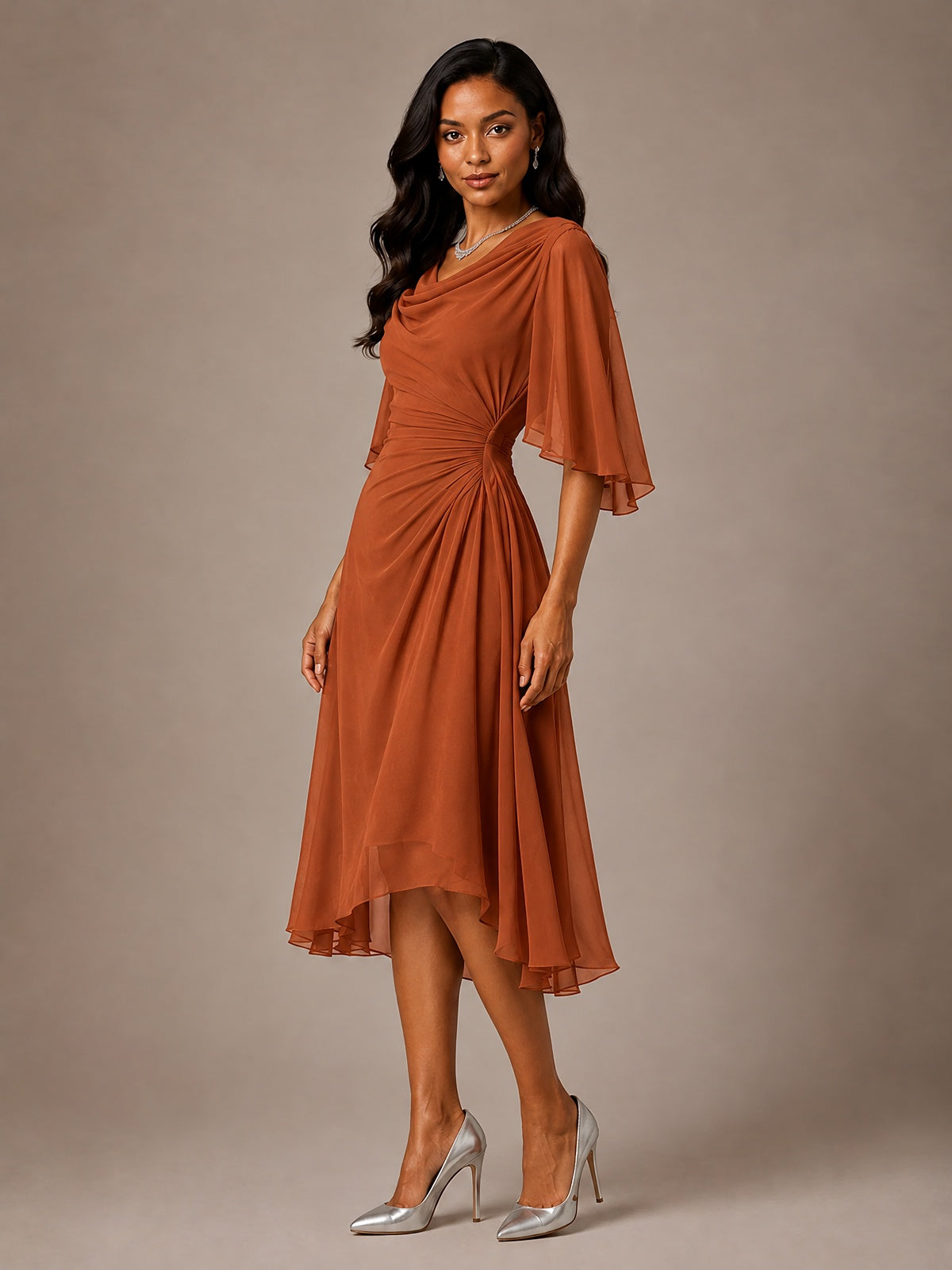 Cowl Neck Ruched Chiffon Mother of the Bride Dresses with Flutter Sleeves