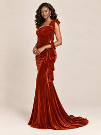 Black Velvet One-Shoulder Mermaid Evening Gown with Bow & Ruffles