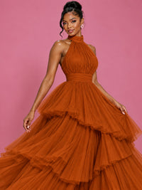 Hot Pink Tulle Halter Neck Tiered Ruffle Maxi Dress
