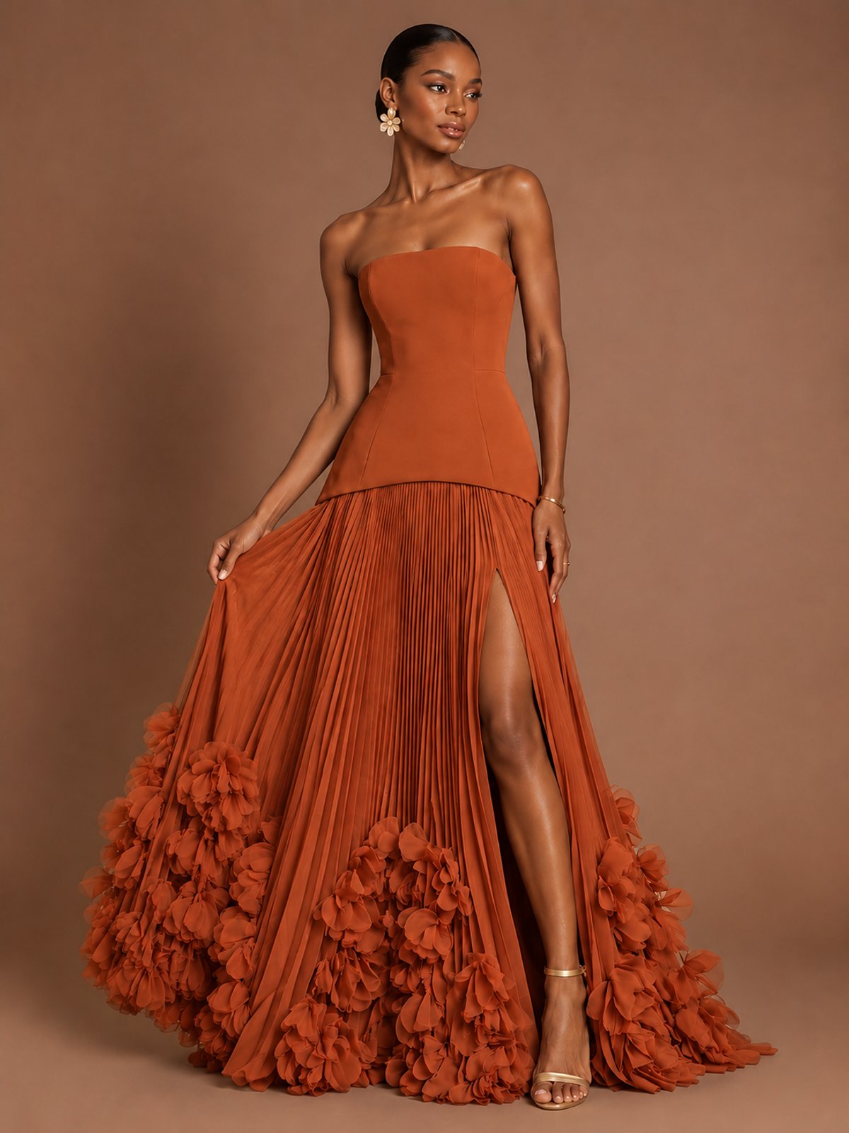 Strapless Pleated Floral Satin Formal Dress with Side Slit