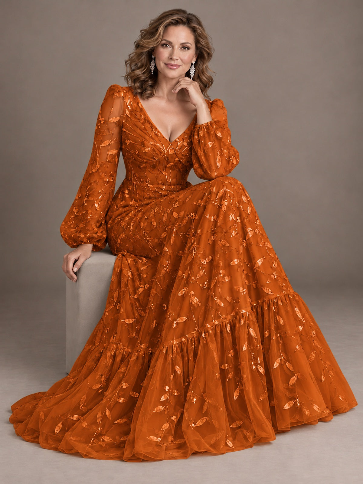 Floral Sequin Embroidered A-Line Mother of the Bride Dress with Long Sleeves