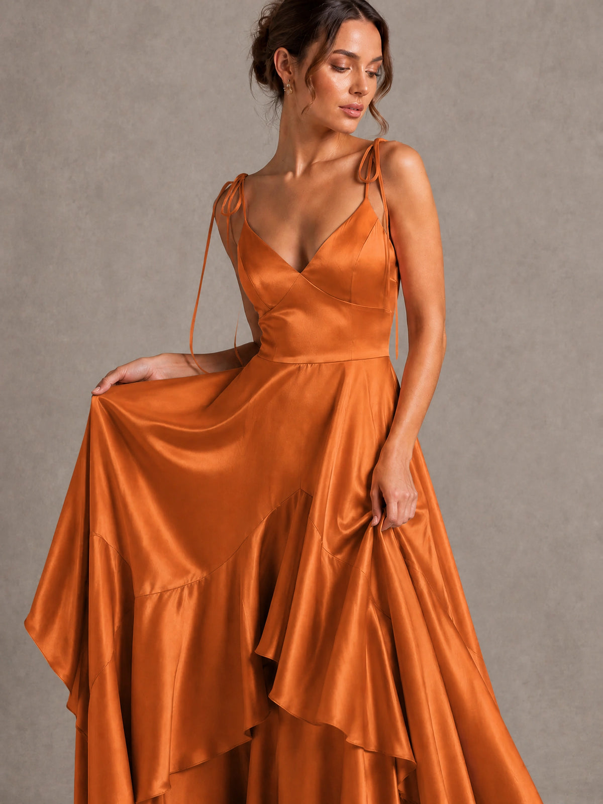 Lavender Satin V-Neck Ruffle Maxi Dress