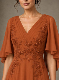 V-Neck Chiffon Lace Mother of the Bride Dress with Flutter Sleeves