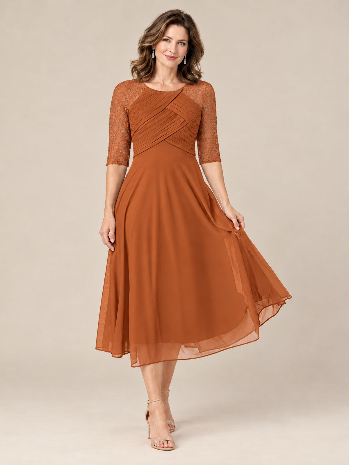 Tea-Length Mother of the Bride Dress with Lace 3/4 Sleeves