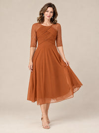 Tea-Length Mother of the Bride Dress with Lace 3/4 Sleeves