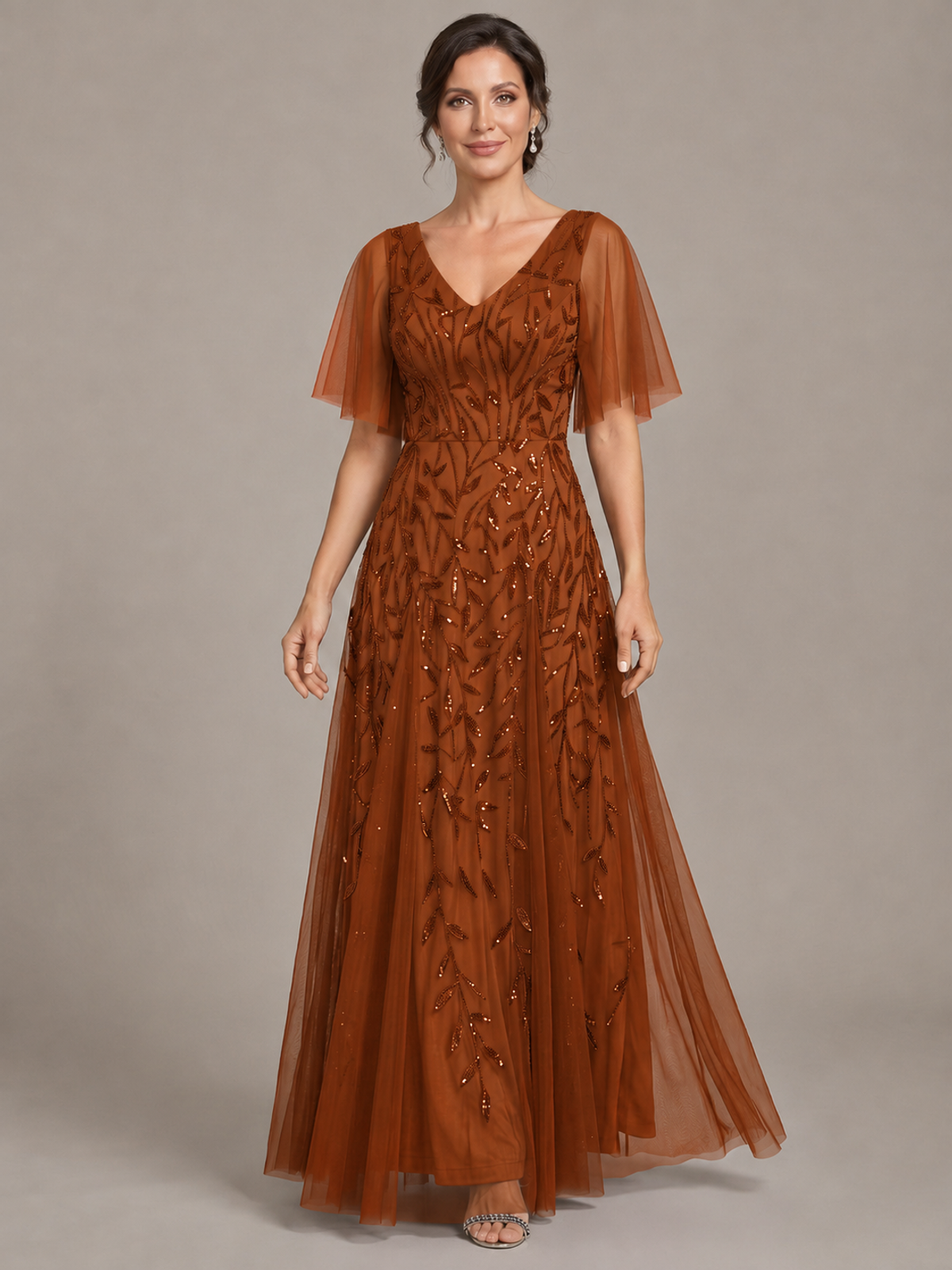 V-Neck Sequin Tulle Mother of the Bride Dress with Flutter Sleeve