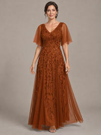 V-Neck Sequin Tulle Mother of the Bride Dress with Flutter Sleeve