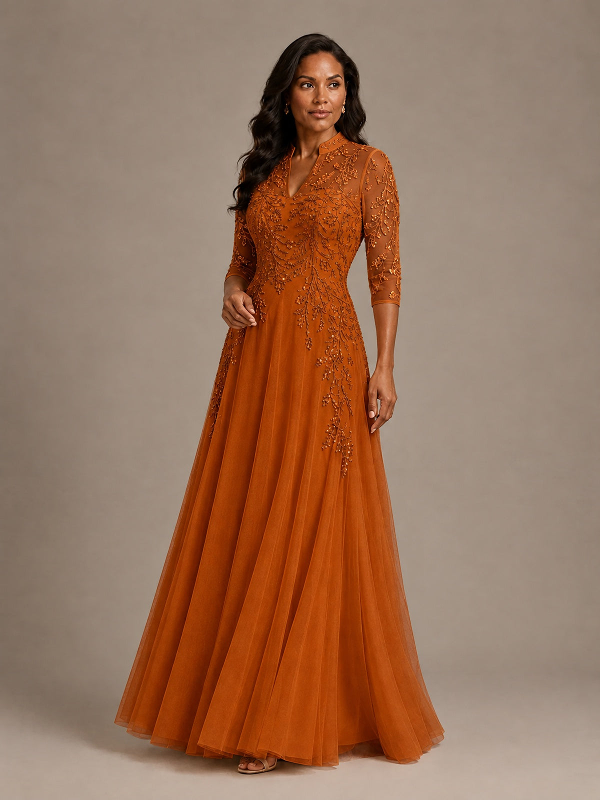 Embellished Appliques Mother of the Bride Dress with 3/4 Sleeves