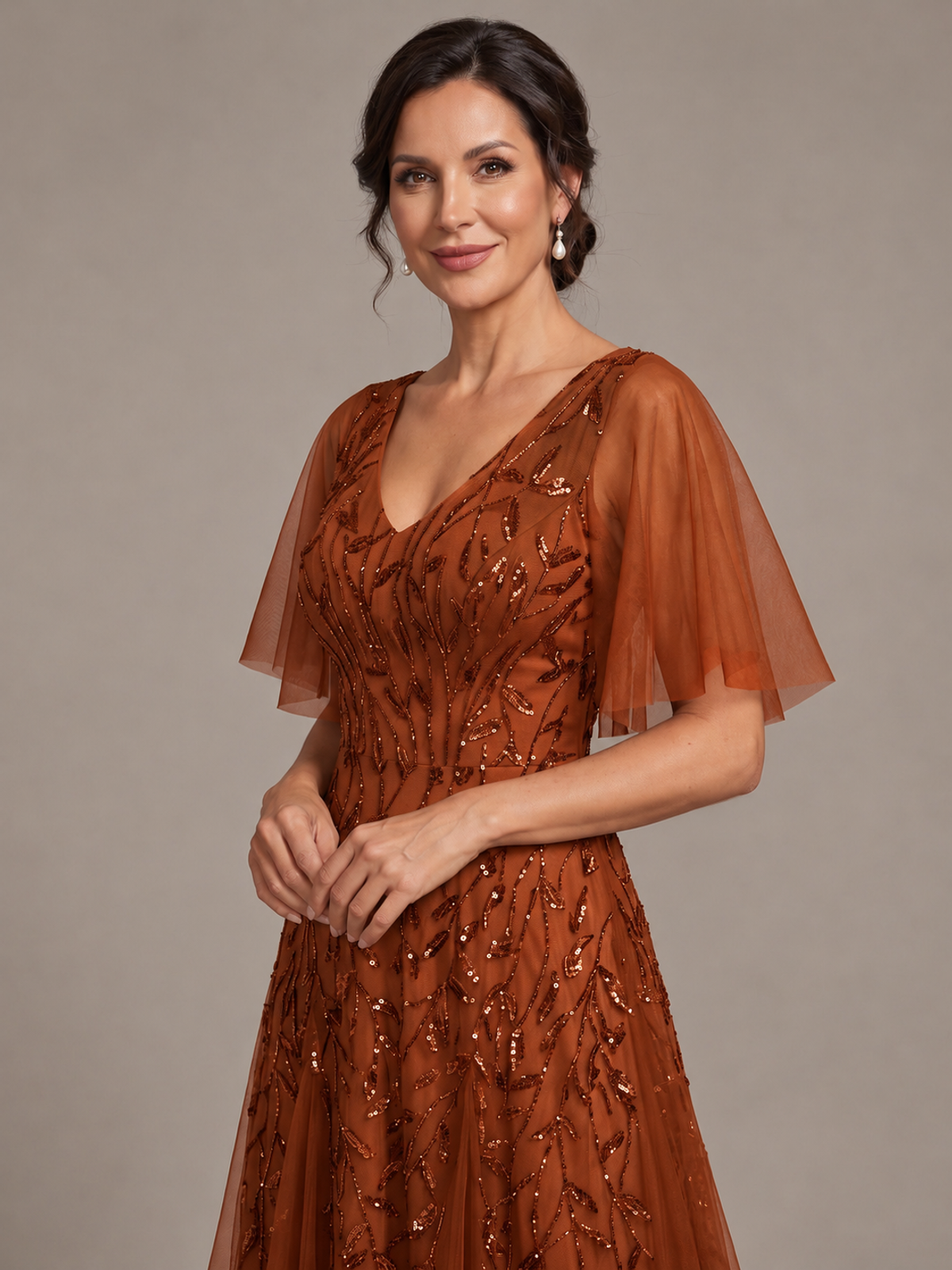 V-Neck Sequin Tulle Mother of the Bride Dress with Flutter Sleeve