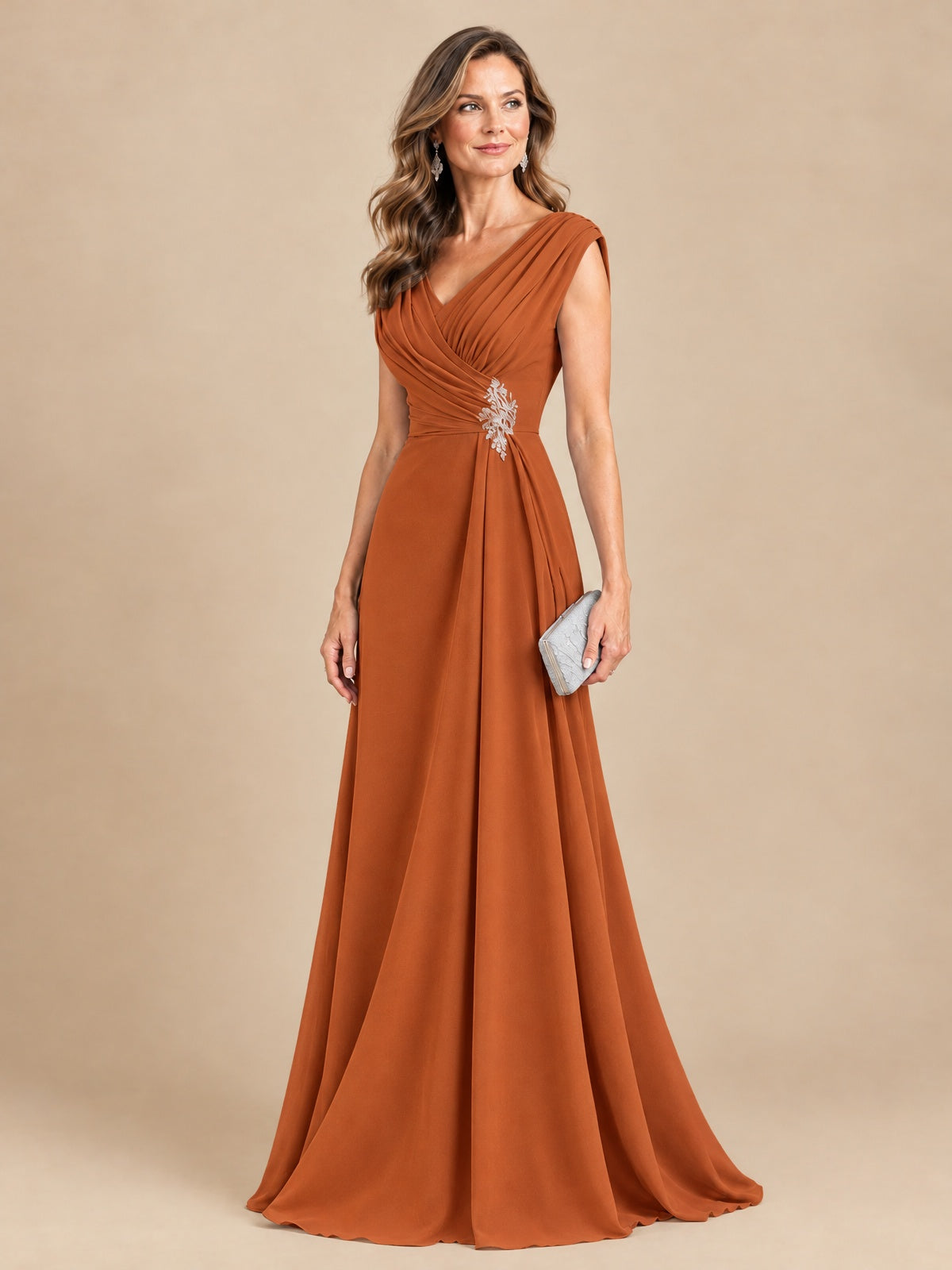 V Neck Pleated Mother of The Bride Dresses with Beading Cap Sleeves