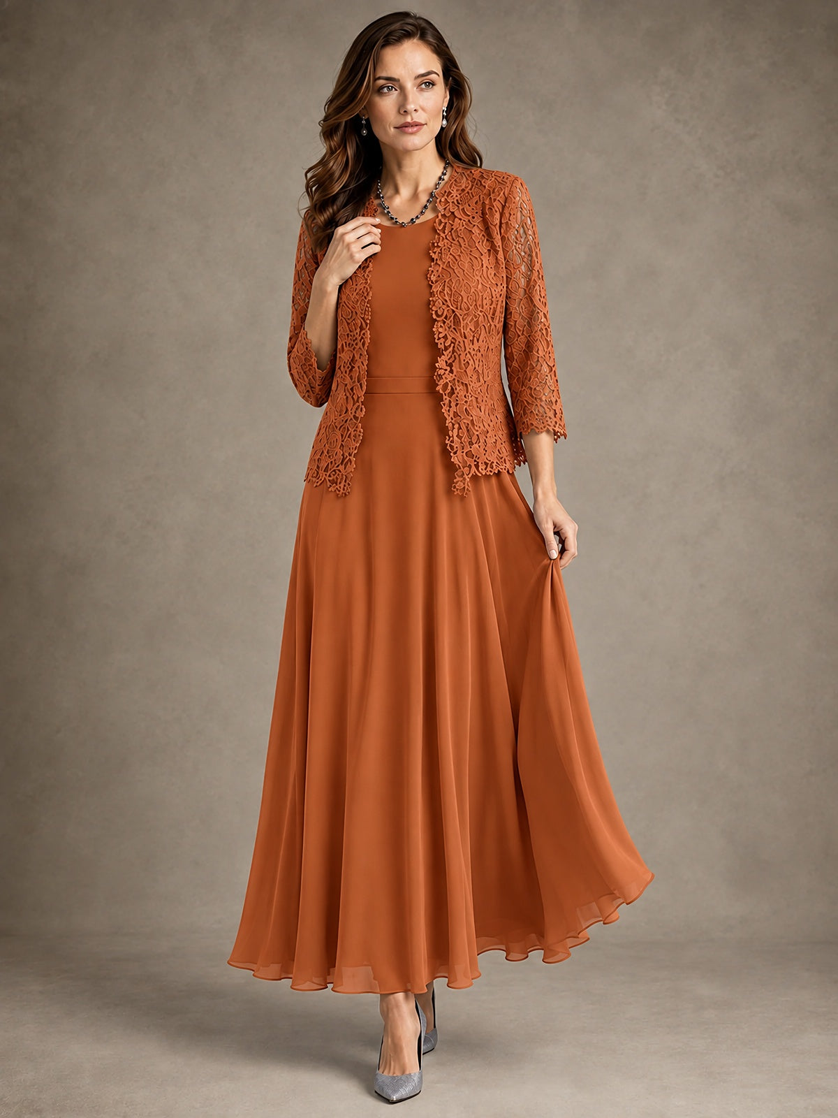 2-Piece Chiffon Mother of the Bride Dress with Lace Jacket