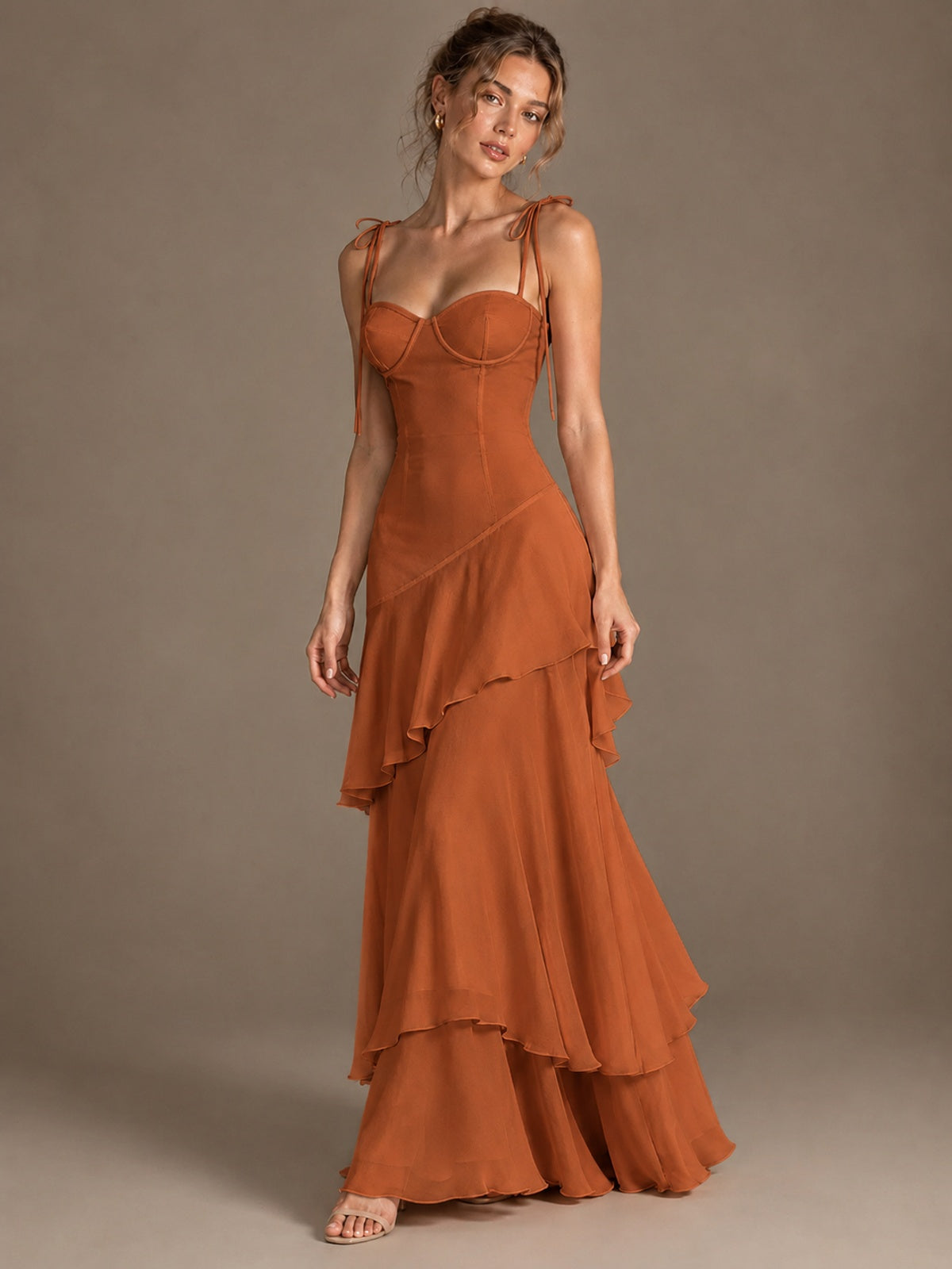 Spaghetti Strap Tiered Ruffles Chiffon Prom Dress