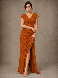 V-Neck Floral Jacquard Mother of the Bride Dress with Slit