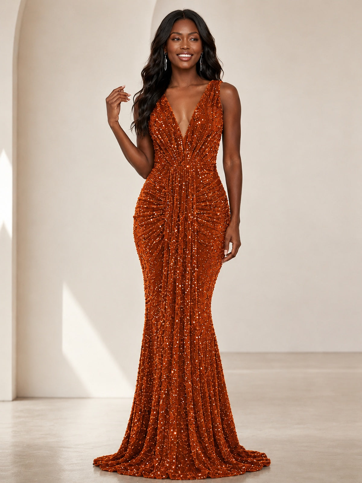 Sequin Mermaid Prom Dress with V-Neck and Ruched Waist