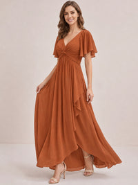Dusty Blue Chiffon Bridesmaid Dress with Flutter Sleeves & High-Low Hem
