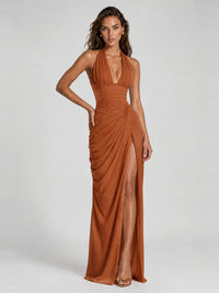 Ruched Halter Neck High-Slit Prom & Evening Dress