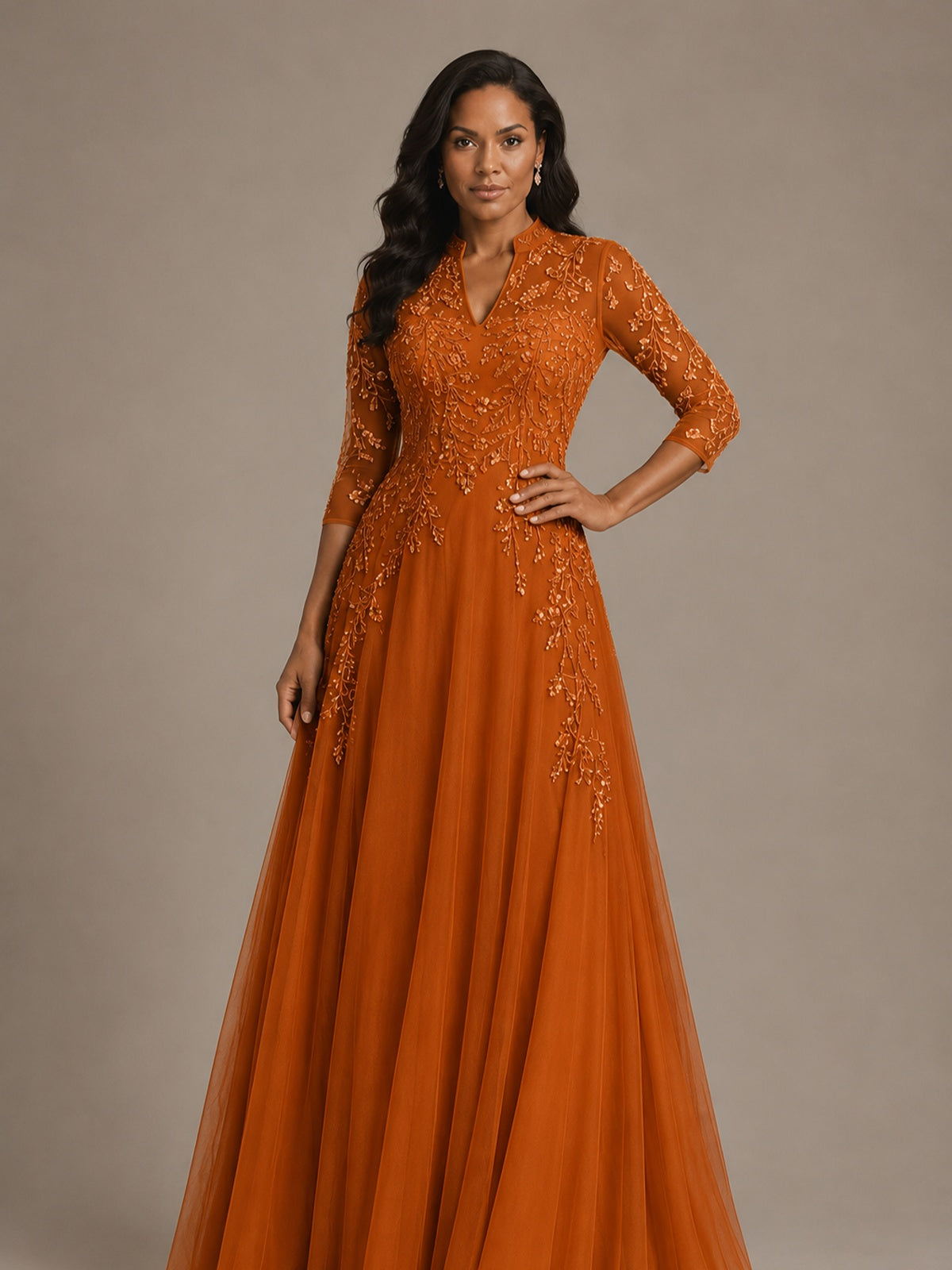 Embellished Appliques Mother of the Bride Dress with 3/4 Sleeves