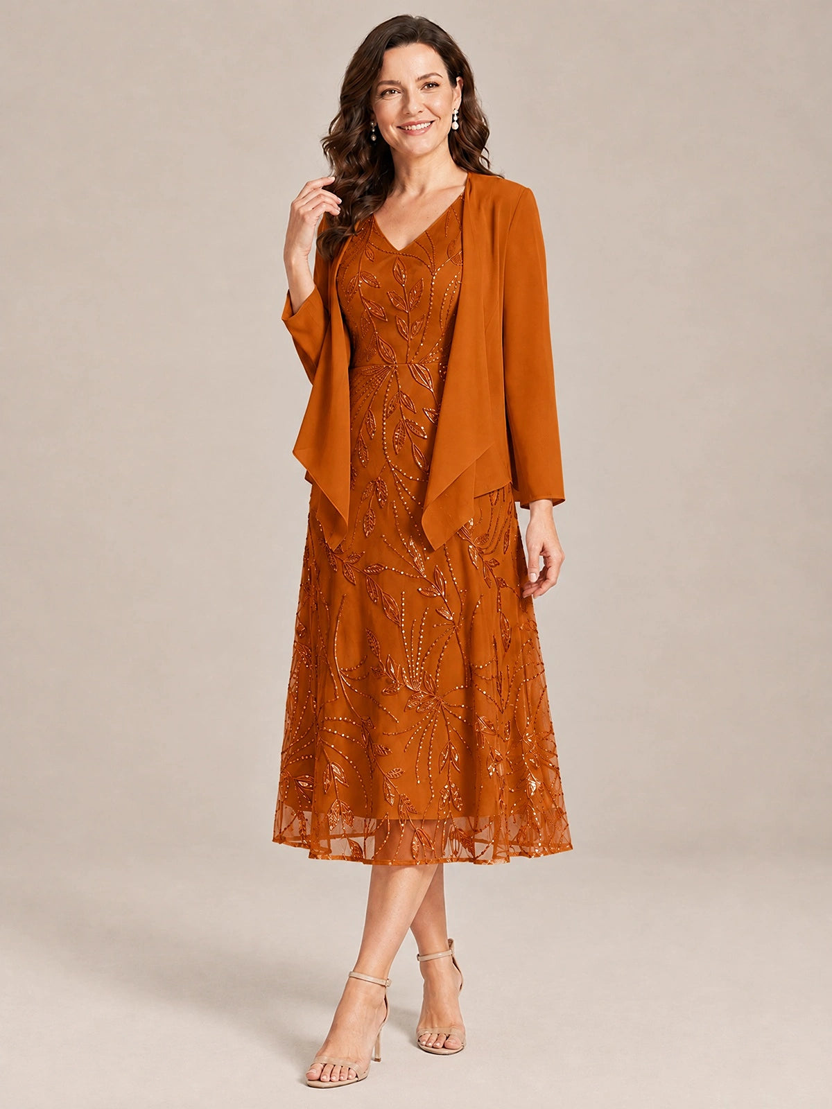 Tea Length Sequin Lace Mother of the Bride Dress with Chiffon Jacket