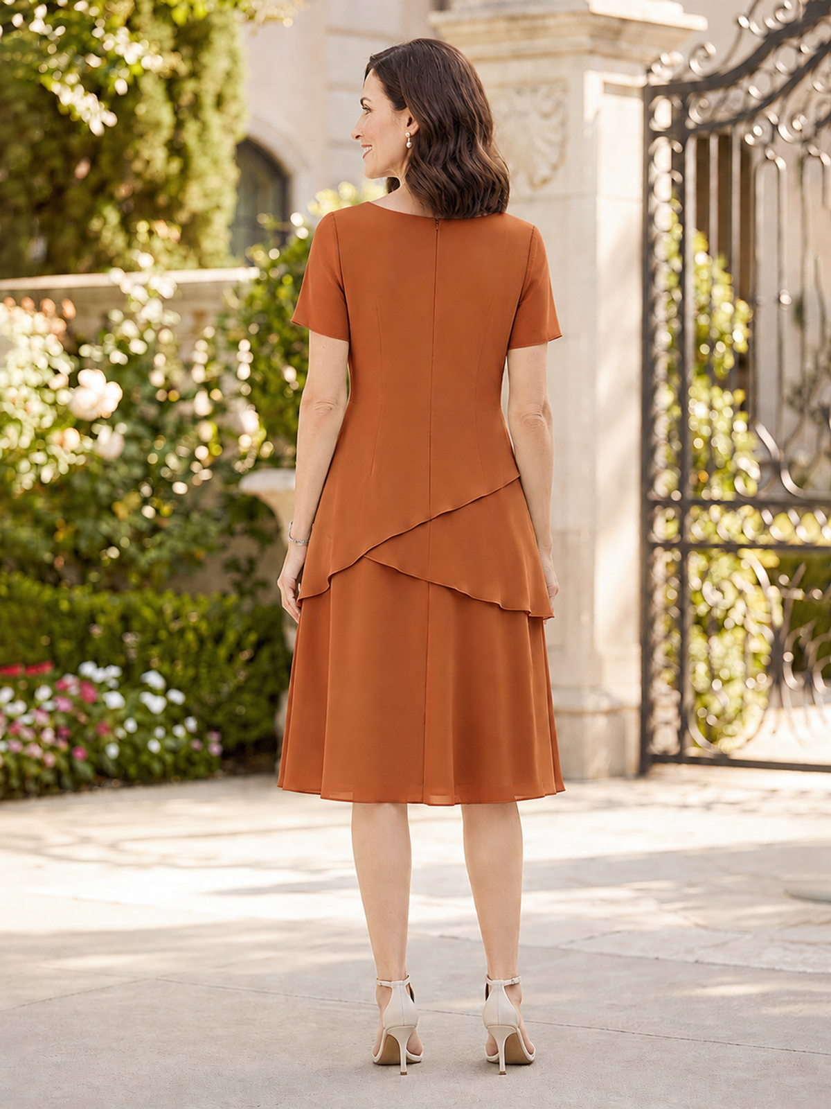 Tiered Chiffon Mother of The Bride Dress with Short Sleeve