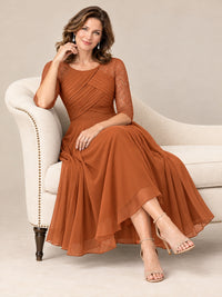 Tea-Length Mother of the Bride Dress with Lace 3/4 Sleeves