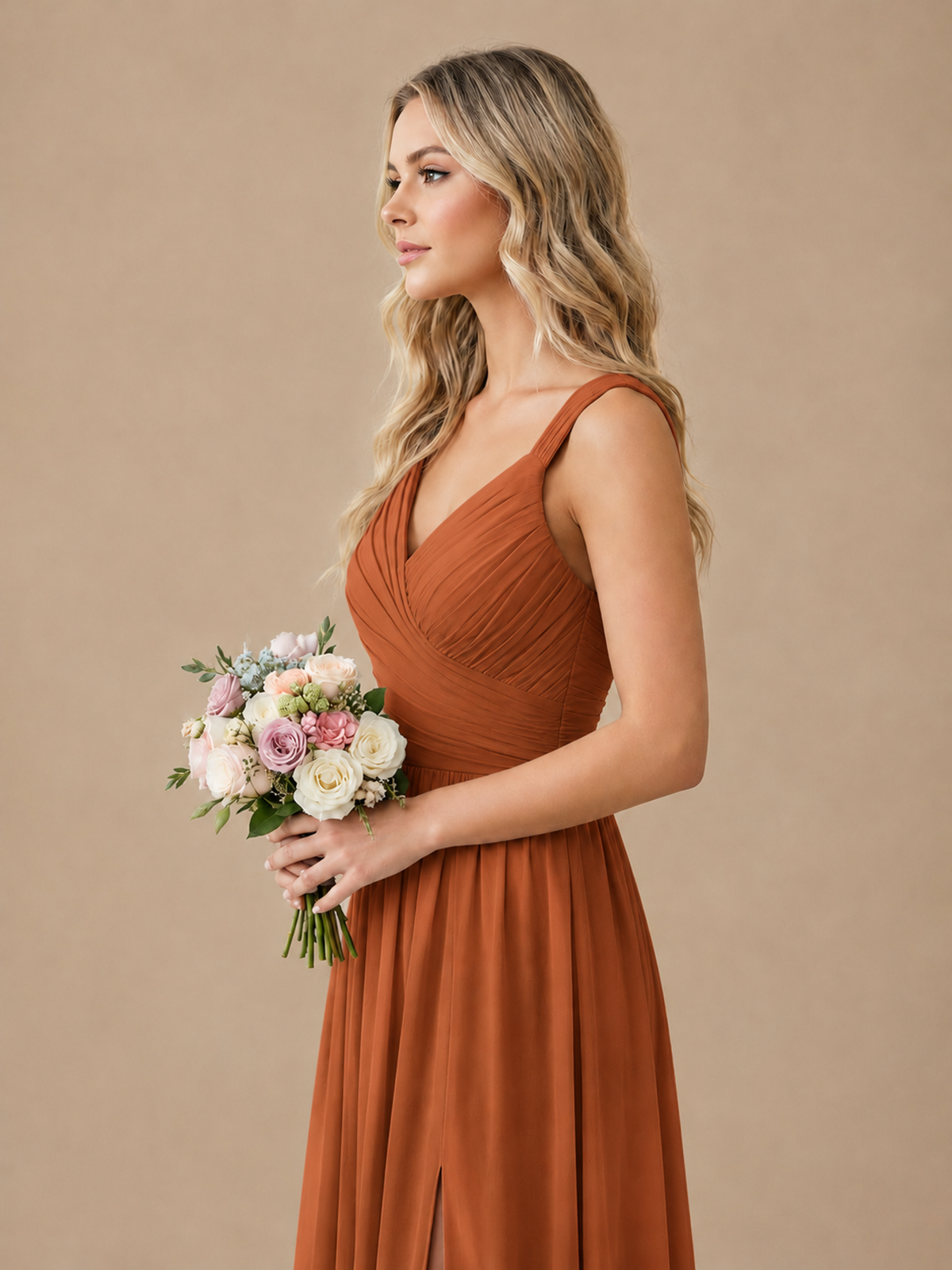 Pleated Chiffon V Neck Wedding Bridesmaid Dresses Floor Length with Slit