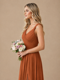 Pleated Chiffon V Neck Wedding Bridesmaid Dresses Floor Length with Slit