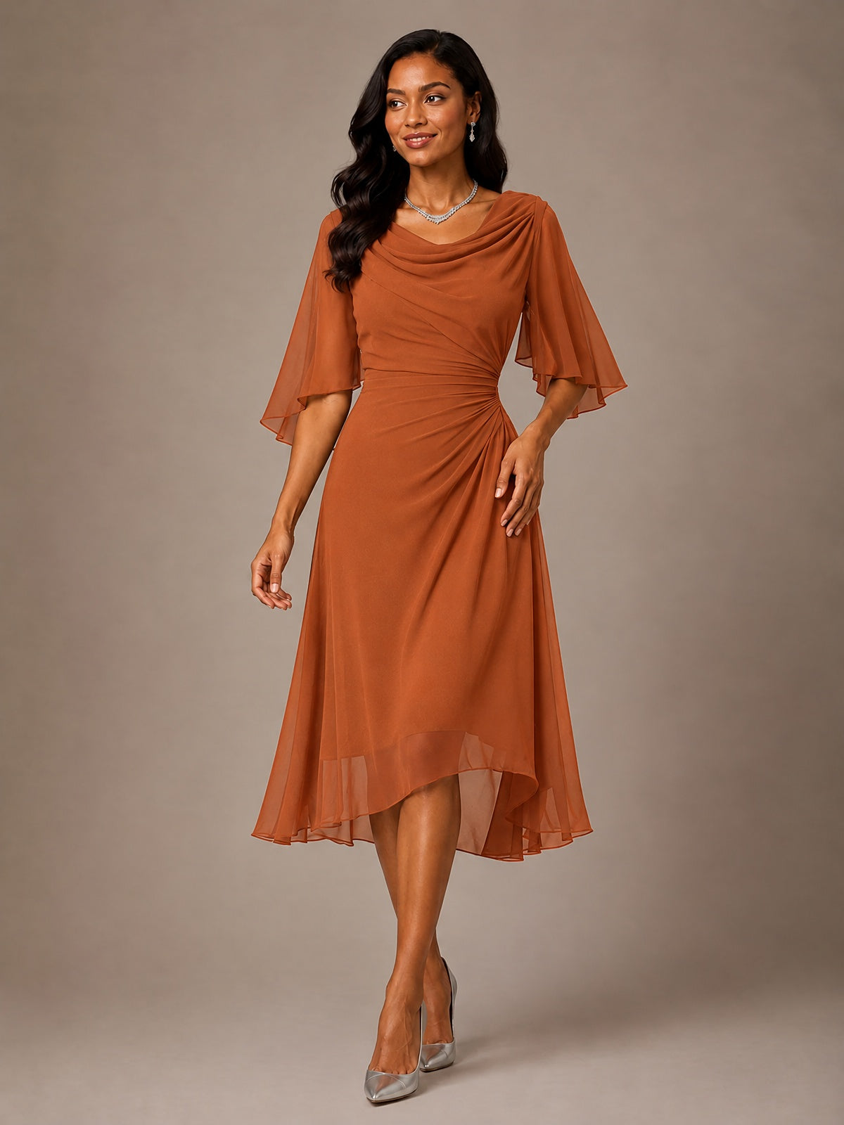Cowl Neck Ruched Chiffon Mother of the Bride Dresses with Flutter Sleeves